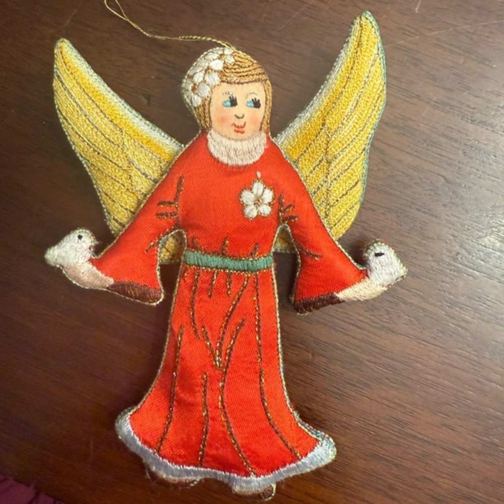 Vintage Silk Embroidered Christmas‎ Ornament Angel with Doves